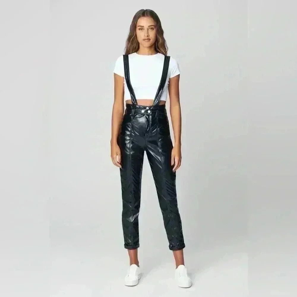 BLANKNYC Other Worldly Womens 29 Shiny Black Vegan Leather Overalls Belted NWT